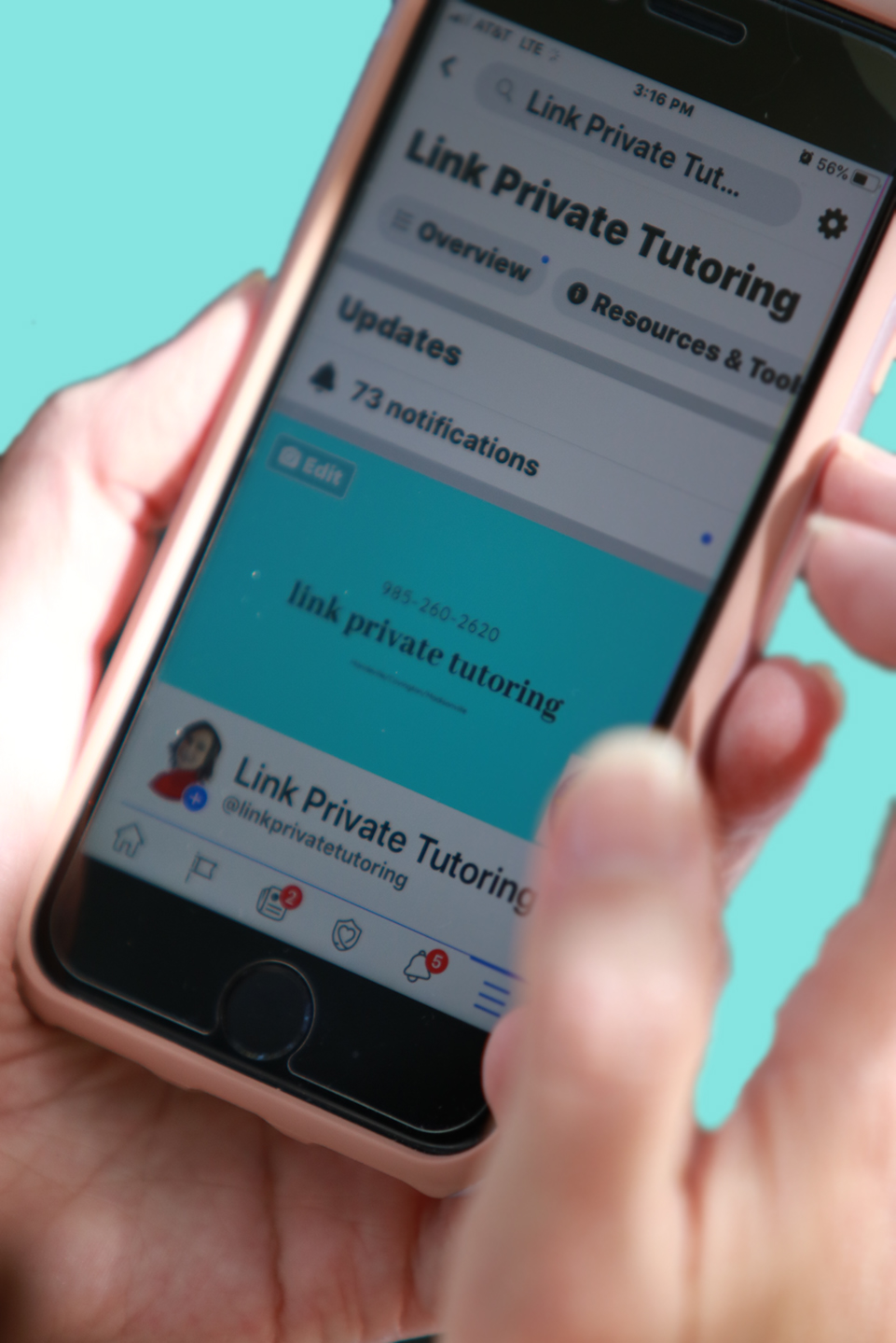 photo of phone with link private tutoring 985-260-2620